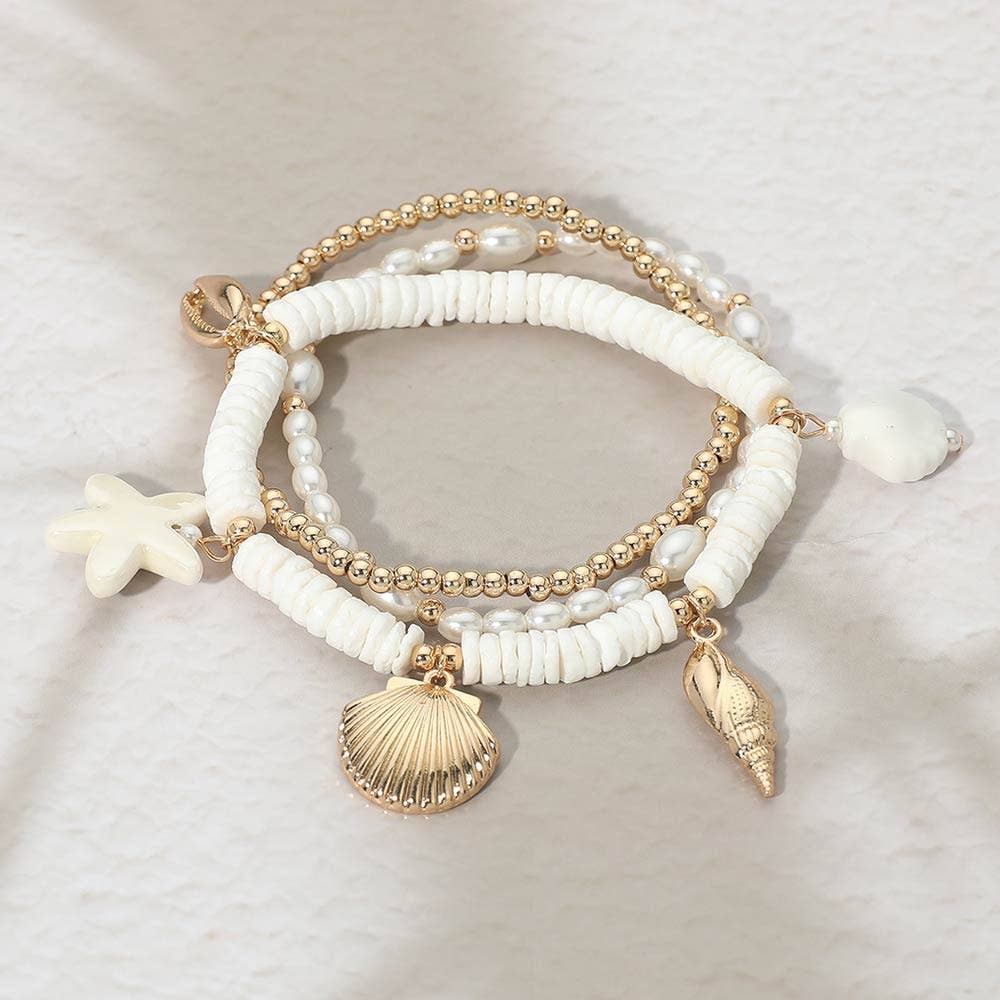 3PCS - Starfish Sea Shell Charm Heishi Pearl Beaded Stretch Multi Layered Bracelets