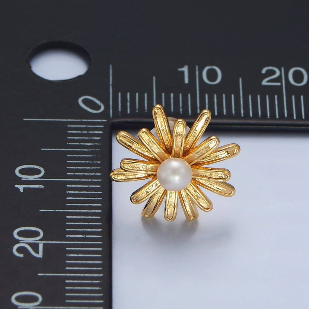 24K Gold Filled 15mm White Shell Pearl Sunflower Stud Earrings | P219