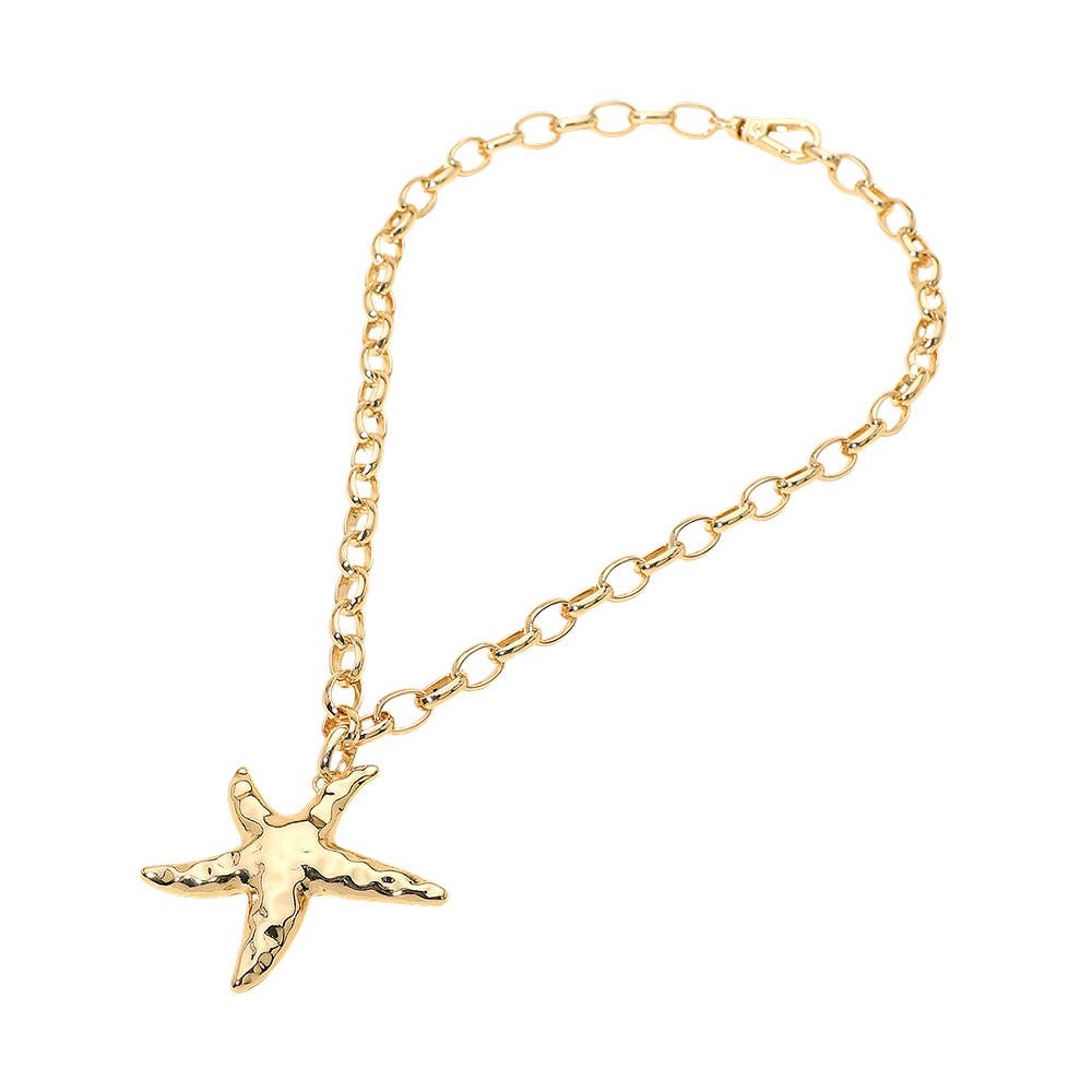 Hammered Metal Starfish Pendant Chunky Chain Necklace