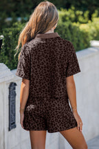 Leopard Printed V Neck Collar 2pcs Short Set