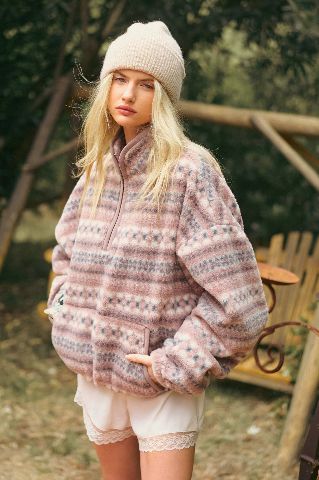 Novelty Stripe Sherpa Half Zip Pullover
