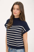 STRIPE MOCK NECK SHORT SLEEVE KNIT SWEATER