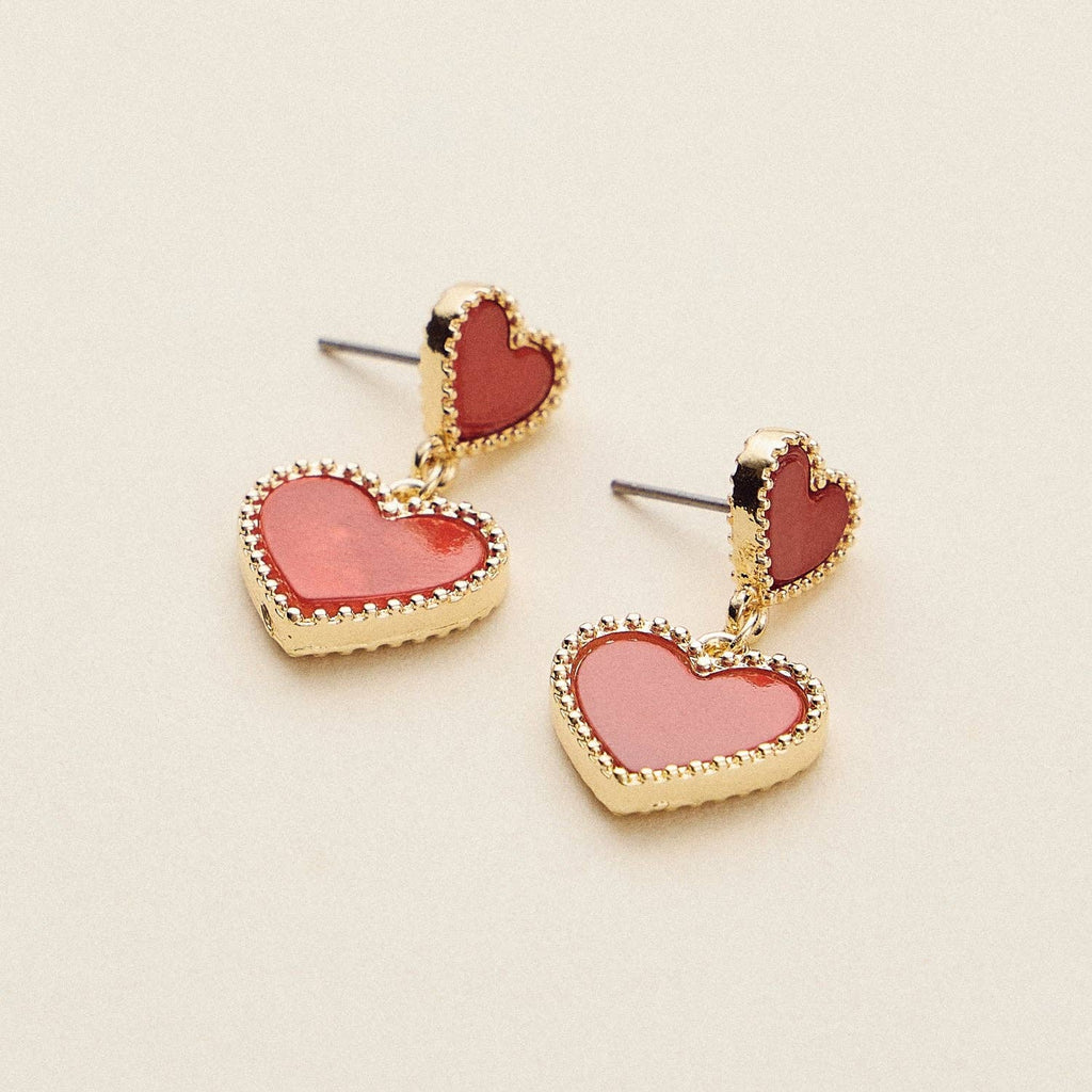 Dual Heart Shell Drop Earrings | Natural Inlay with Polished Metal Trim