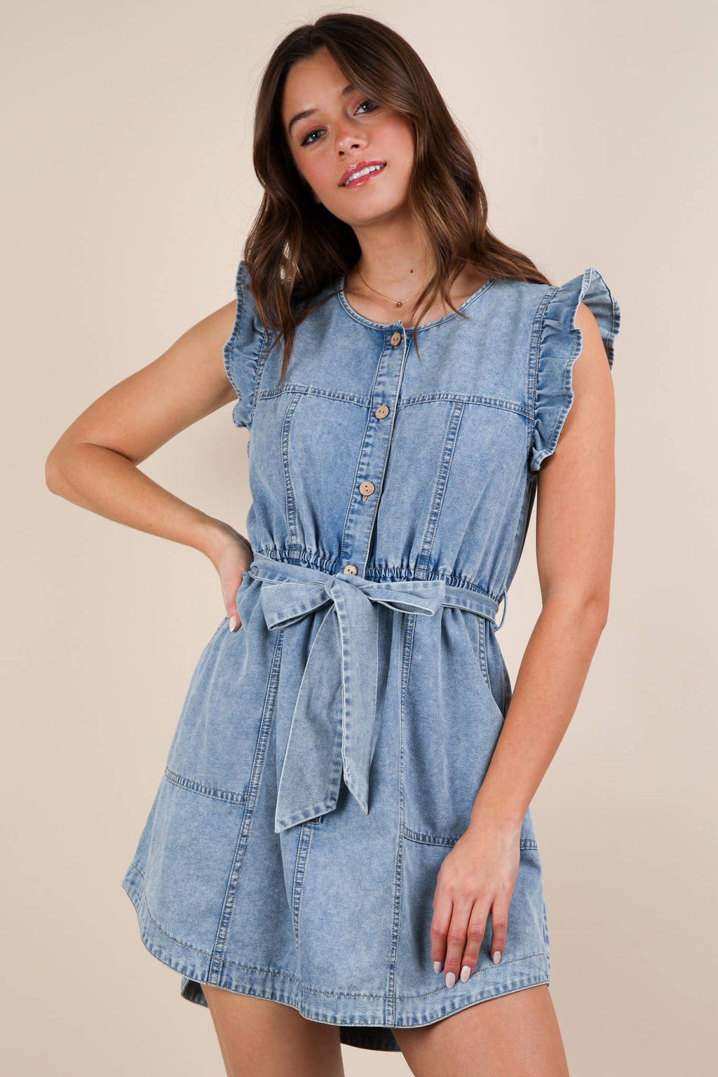 ND31543-Washed Chambray Ruffle Detail Mini Dress