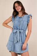 ND31543-Washed Chambray Ruffle Detail Mini Dress