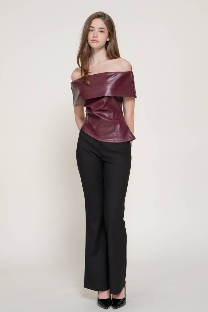 Off Shoulder Assymetrical Hem Faux Leather Top