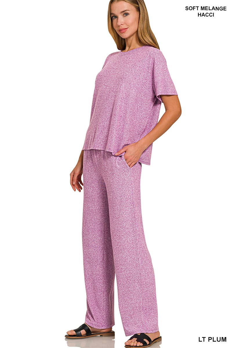 Soft Melange Short Sleeve Tee & Long Pants Set - Zenana