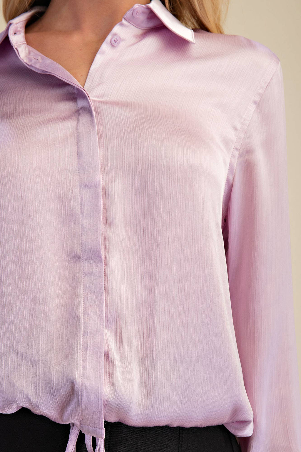 Collar Neck Long Sleeve Adjustable Drawstring Hem Shirt