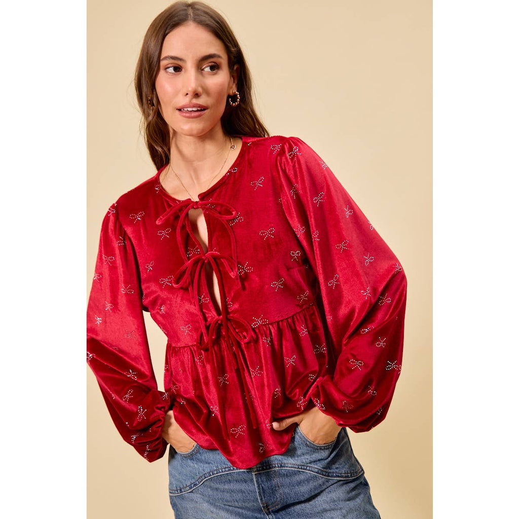 HOLIDAY CHRISTMAS RIBBON EMBELLISHED VELVET TOP