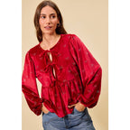 HOLIDAY CHRISTMAS RIBBON EMBELLISHED VELVET TOP