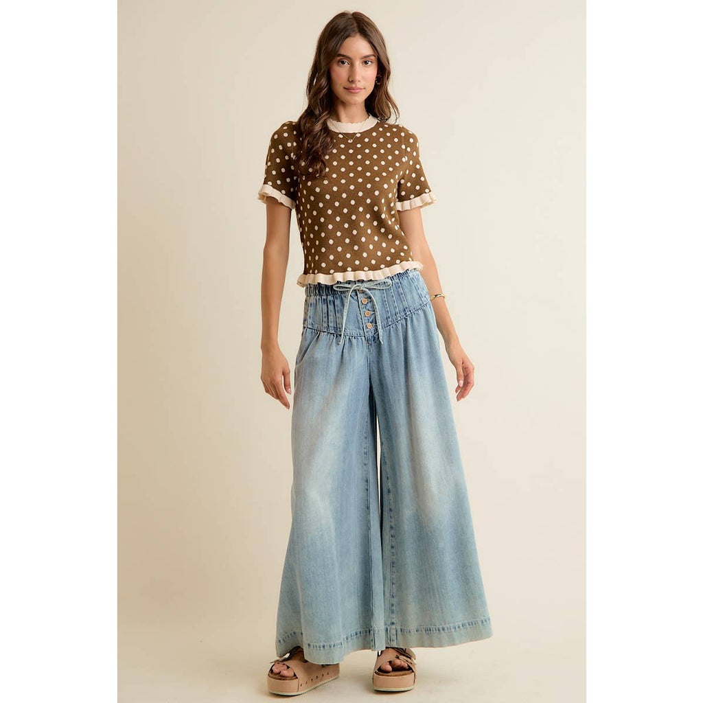 POLKA DOT RUFFLED SHORT SLEEVES SWEATER KNIT TOP
