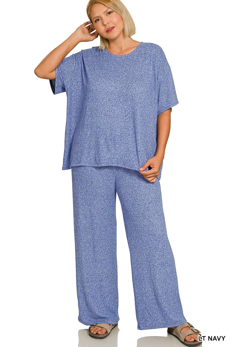 Plus Soft Melange Short Sleeve Tee & Long Pants Set - Zenana