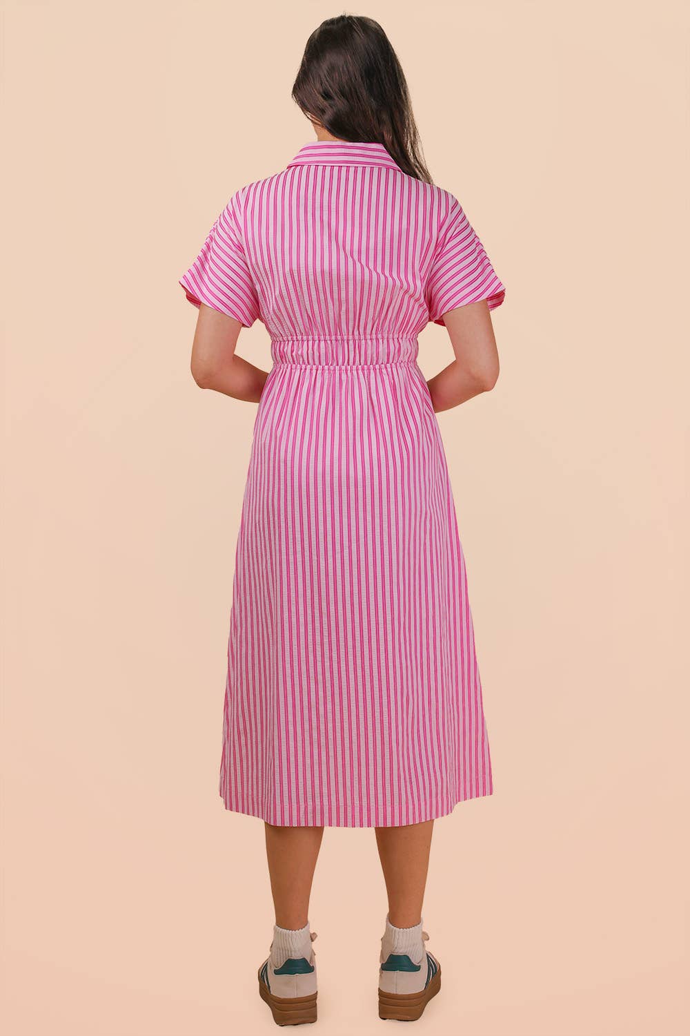 ND32074-Stripe Waist Pleated Midi Shirt Dress