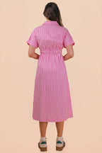 ND32074-Stripe Waist Pleated Midi Shirt Dress