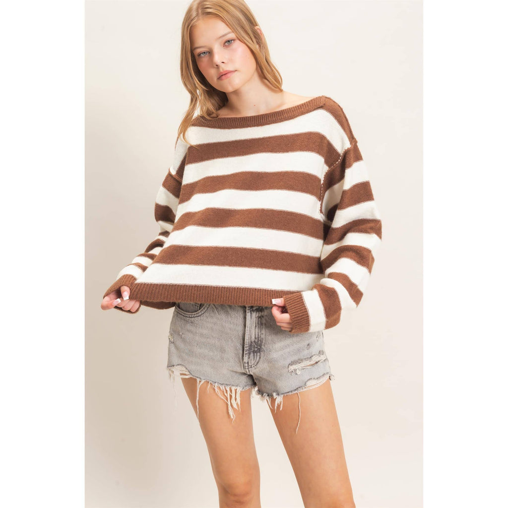 Striped Boat Neck Knit Sweater