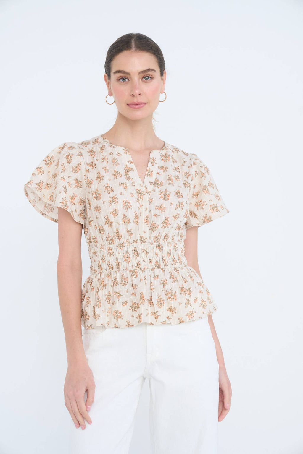 FLORAL CLIP DOT SPLIT NECK BELL SLEEVE TOP
