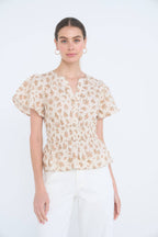 FLORAL CLIP DOT SPLIT NECK BELL SLEEVE TOP