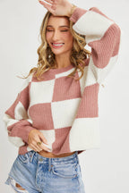 CASUAL SOFT COZY  RELAXED FIT CHECKER KNIT SWEATER