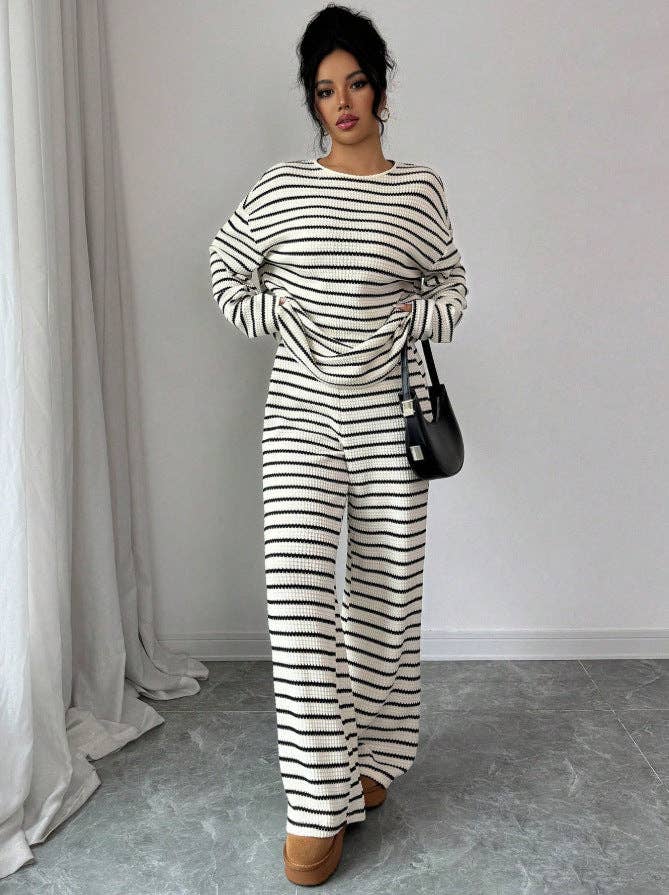 Striped Knit Jumpsuit Boutique Wide Leg Ribbed Loungewear