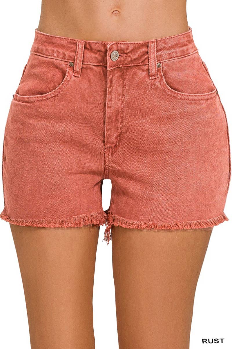 Washed Fray Hem Cotton Denim Shorts - Zenana
