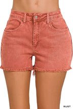 Washed Fray Hem Cotton Denim Shorts - Zenana