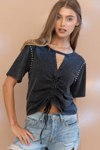 32154T - Washed Cut Out V Tunnel Cinch Tie Front Studded Tee