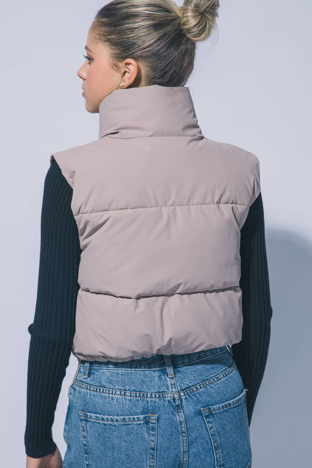 PU Cropped Puffer Vest With Pockets