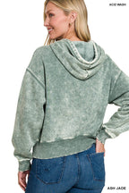 Acid Wash Fleece Cropped Zip-up Hoodie W Pockets