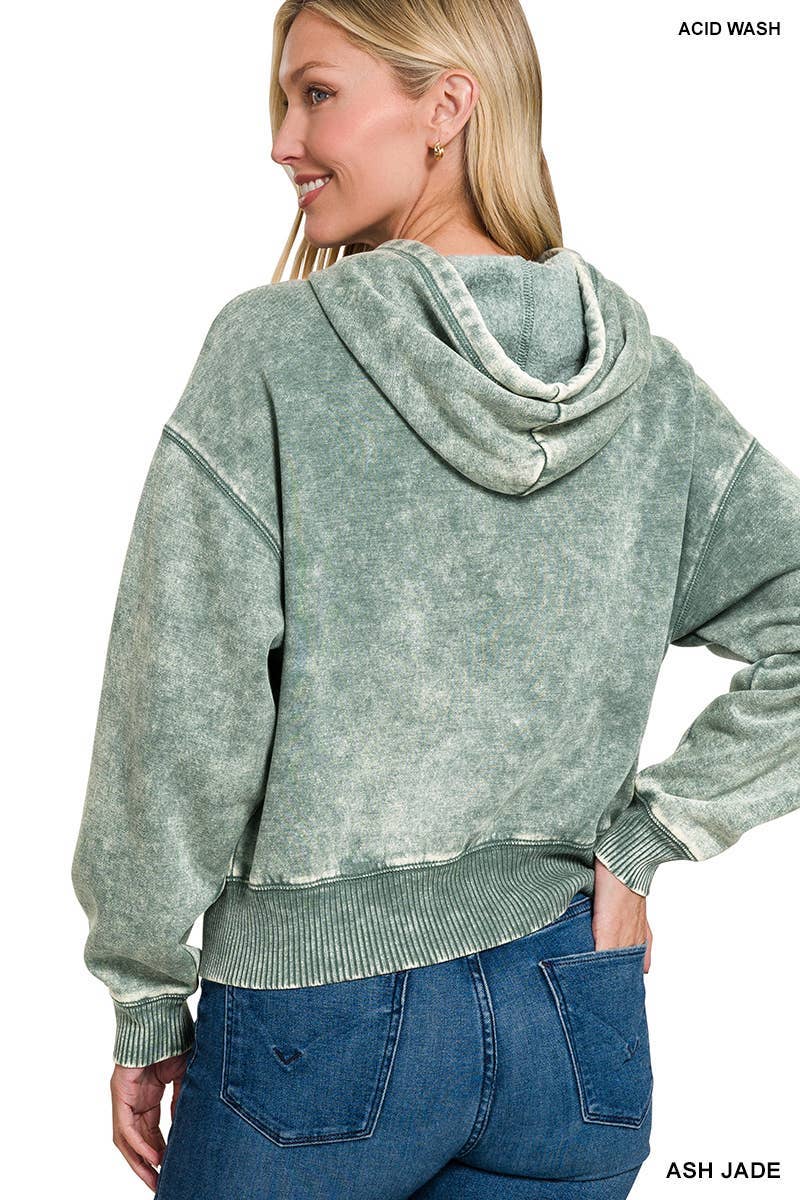 Acid Wash Fleece Cropped Zip-up Hoodie W Pockets