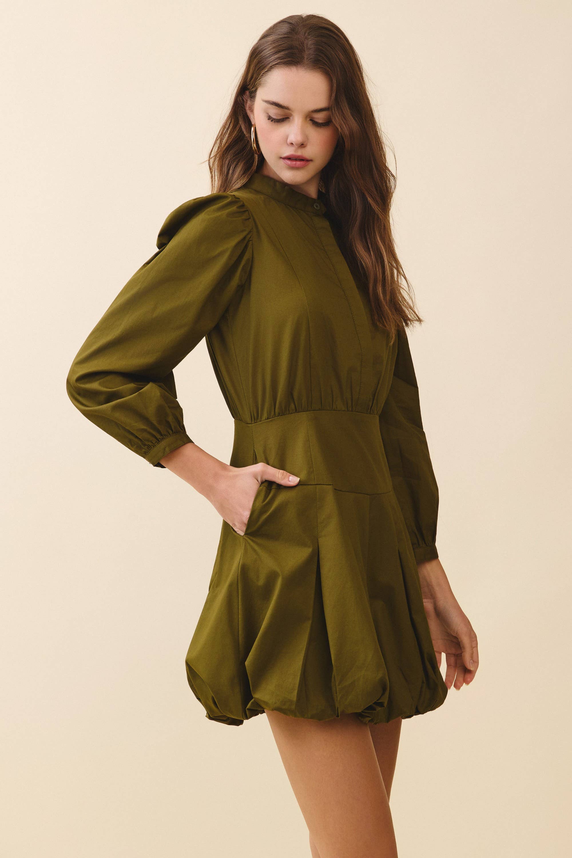 CD06354-Mandarin Collar Covered Button Placket Mini Dress