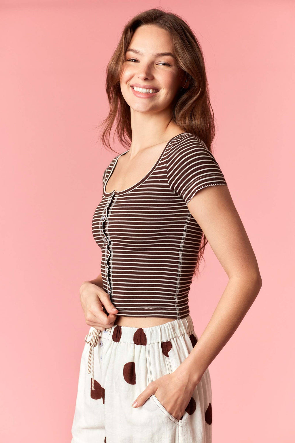 Stripe Cotton Jersey Scoop Neck Button Up Top