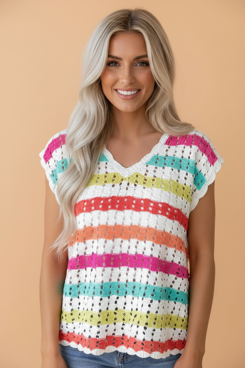 PRETTY BASH Stripe Eyelet Knit V-Neck Sweater Tee