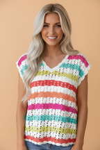 PRETTY BASH Stripe Eyelet Knit V-Neck Sweater Tee