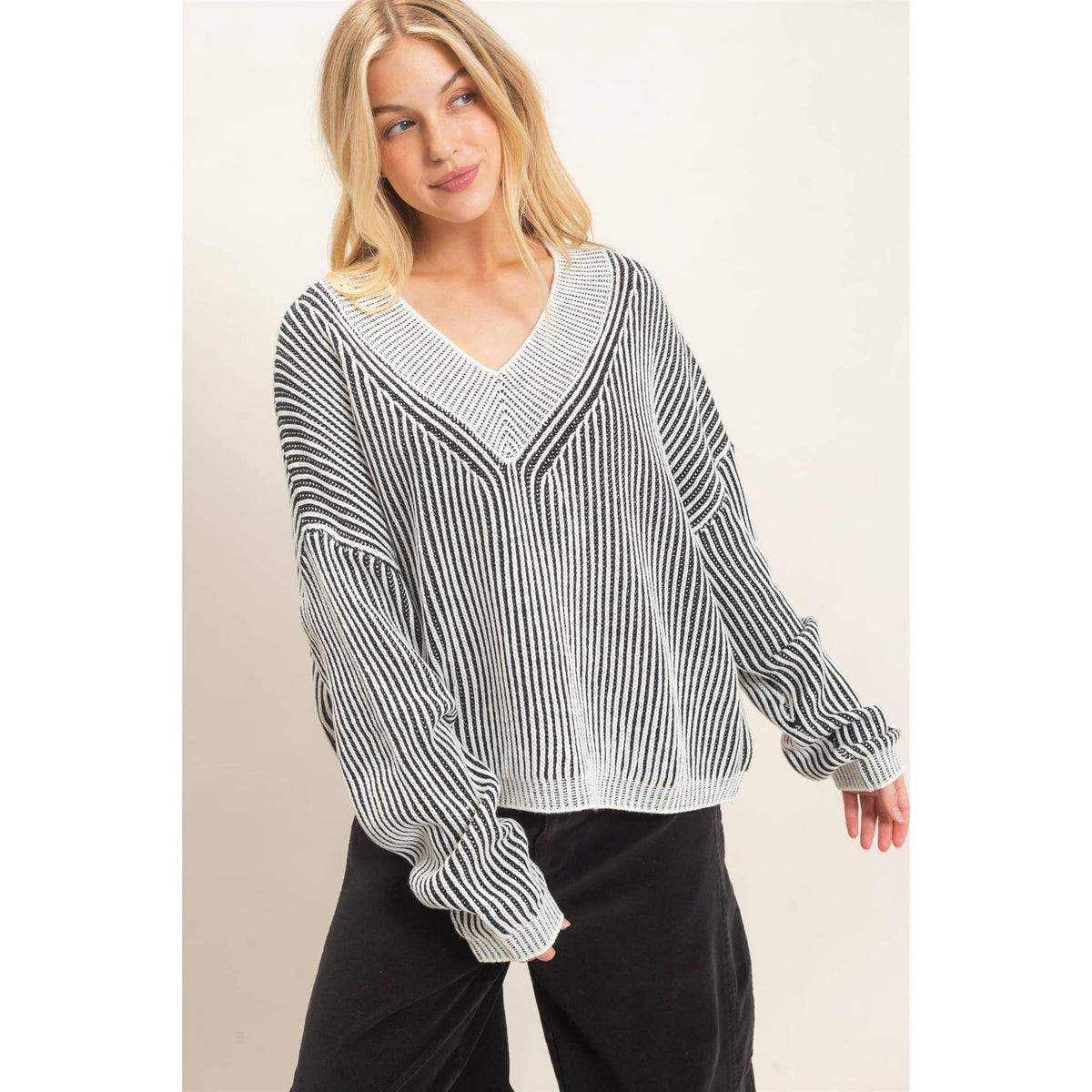 Striped V-Neck Ribbed Sweater