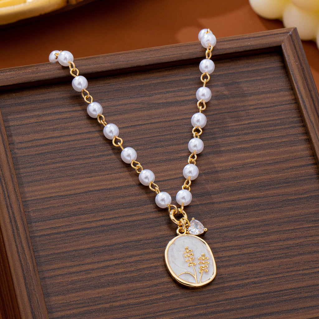 Pearl Chain Floral Oval Enamel Pendant Necklace | 80N93786