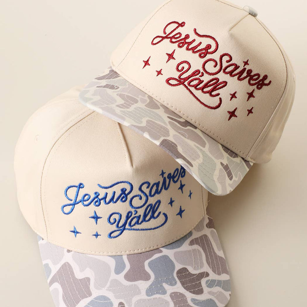Jesus Saves Y'all Embroidered Camo Brim Trucker Hat