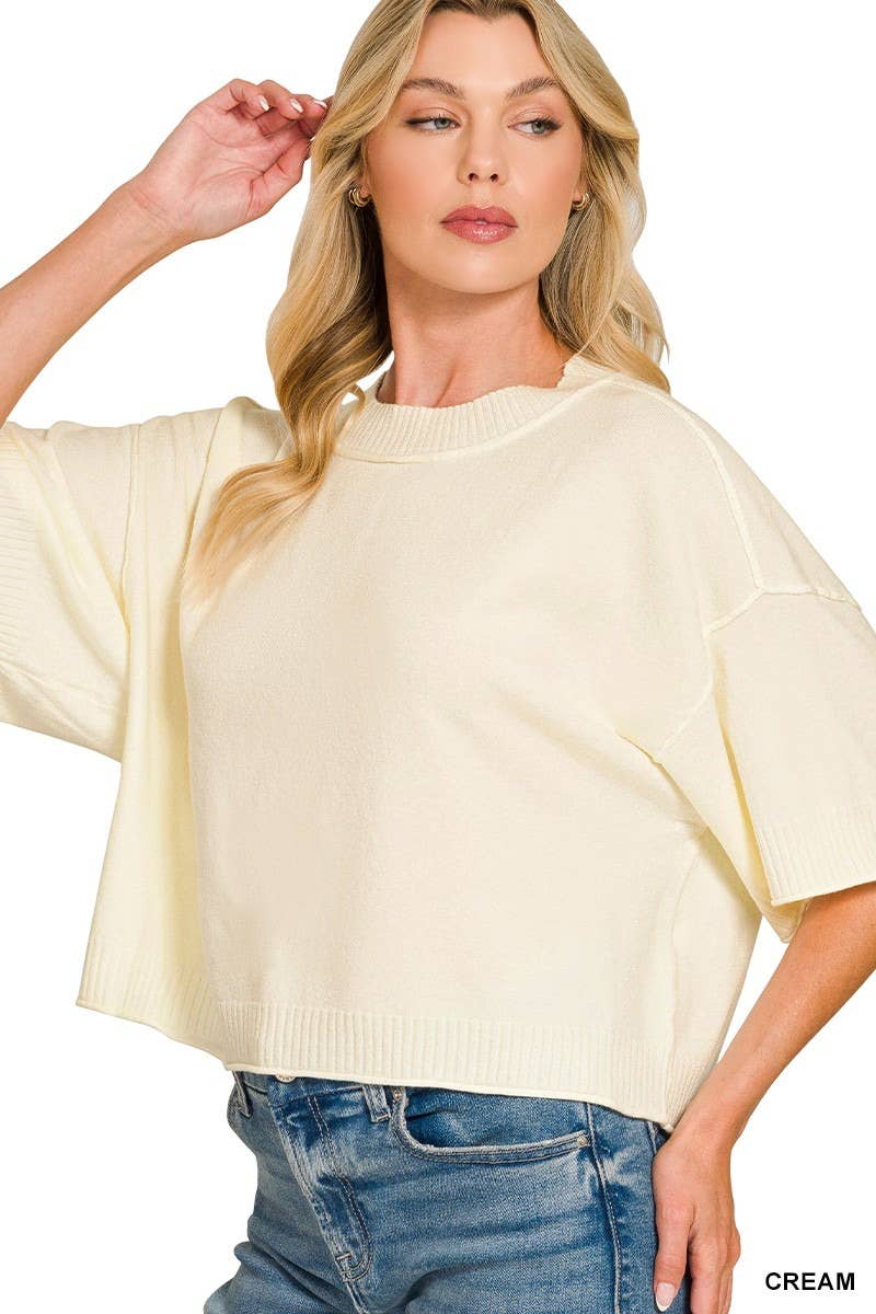 Viscose Mock Neck Short Sleeve Boxy Sweater