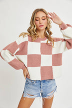 CASUAL SOFT COZY  RELAXED FIT CHECKER KNIT SWEATER