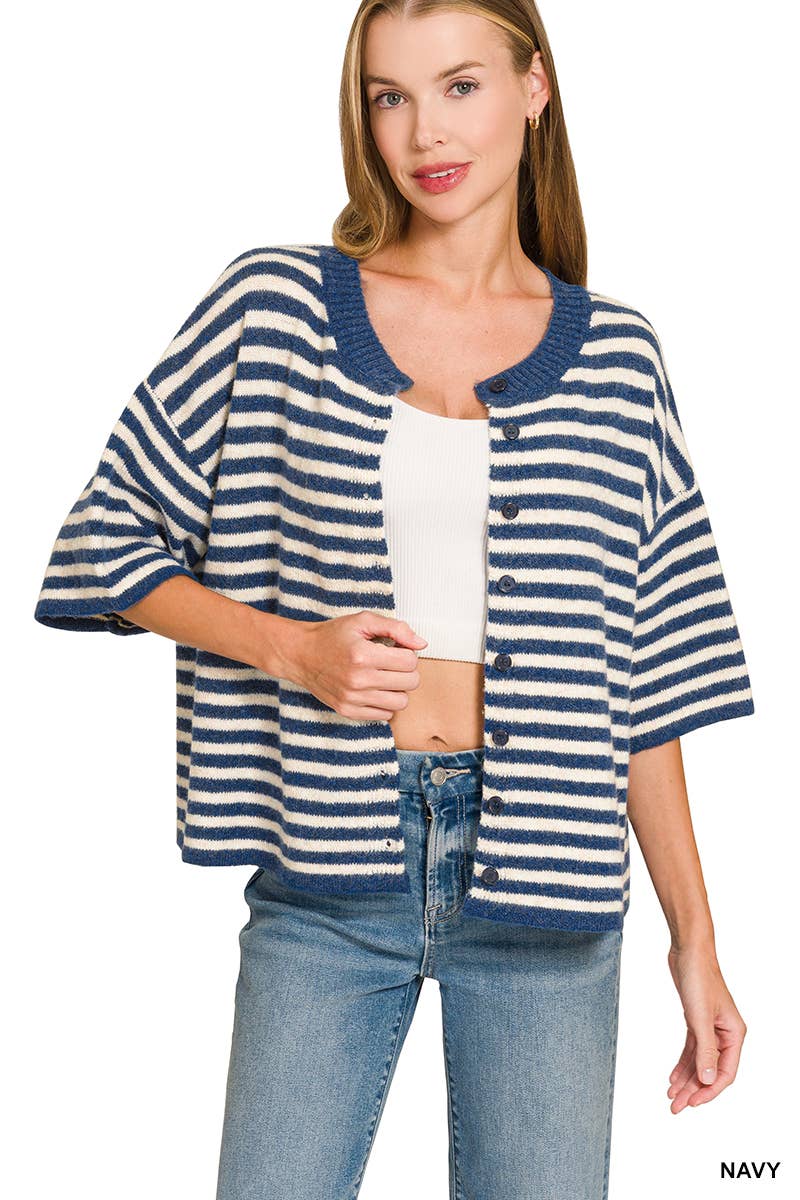 Striped Wool Blend Short Sleeve Cardigan Sweater