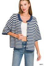 Striped Wool Blend Short Sleeve Cardigan Sweater