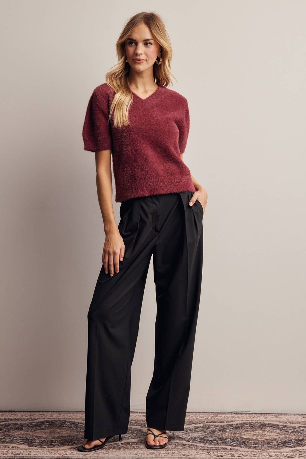 Fuzzy V-Neck Knit Top FSW0105