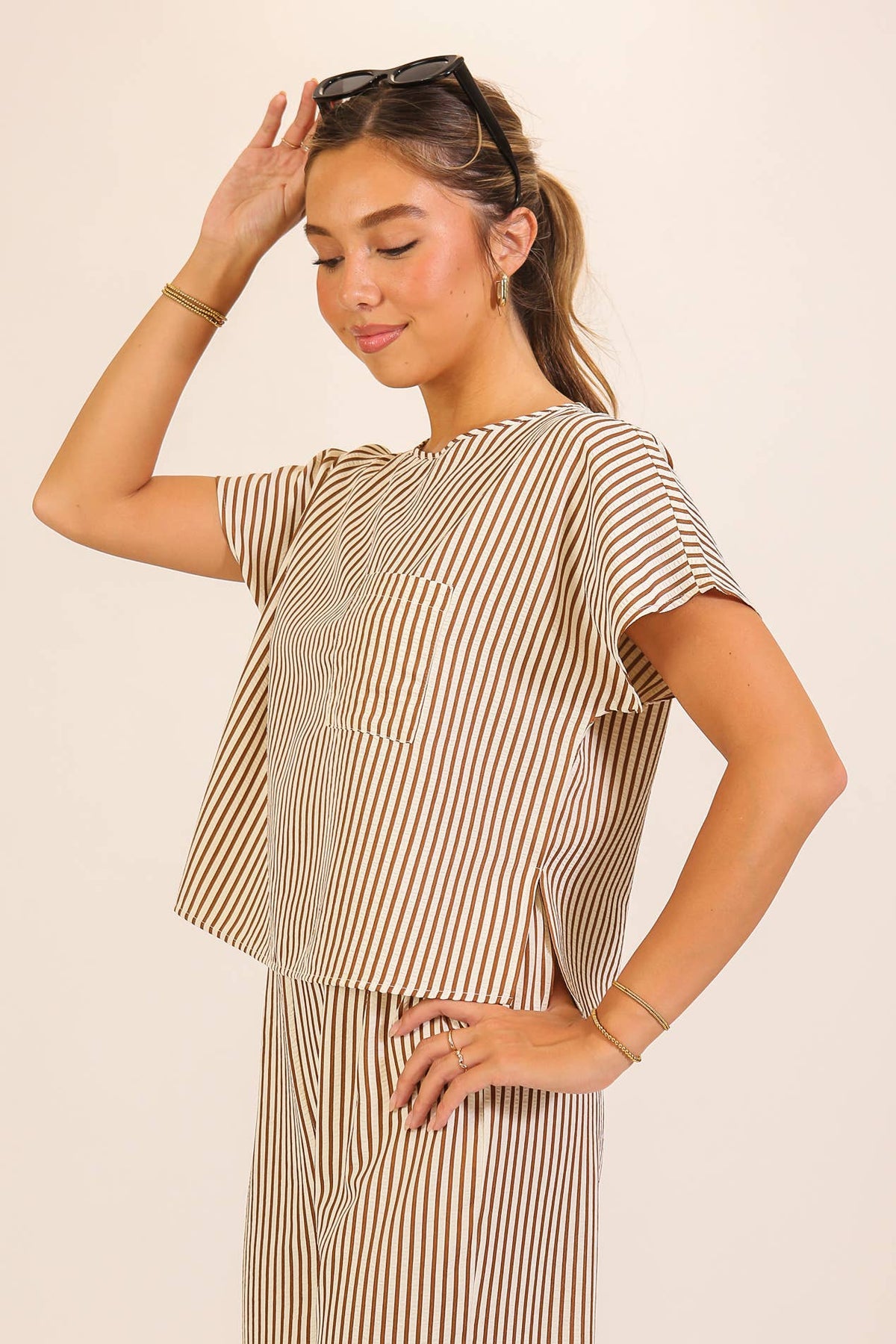 Striped Textured Top & Wide Leg Pant Set