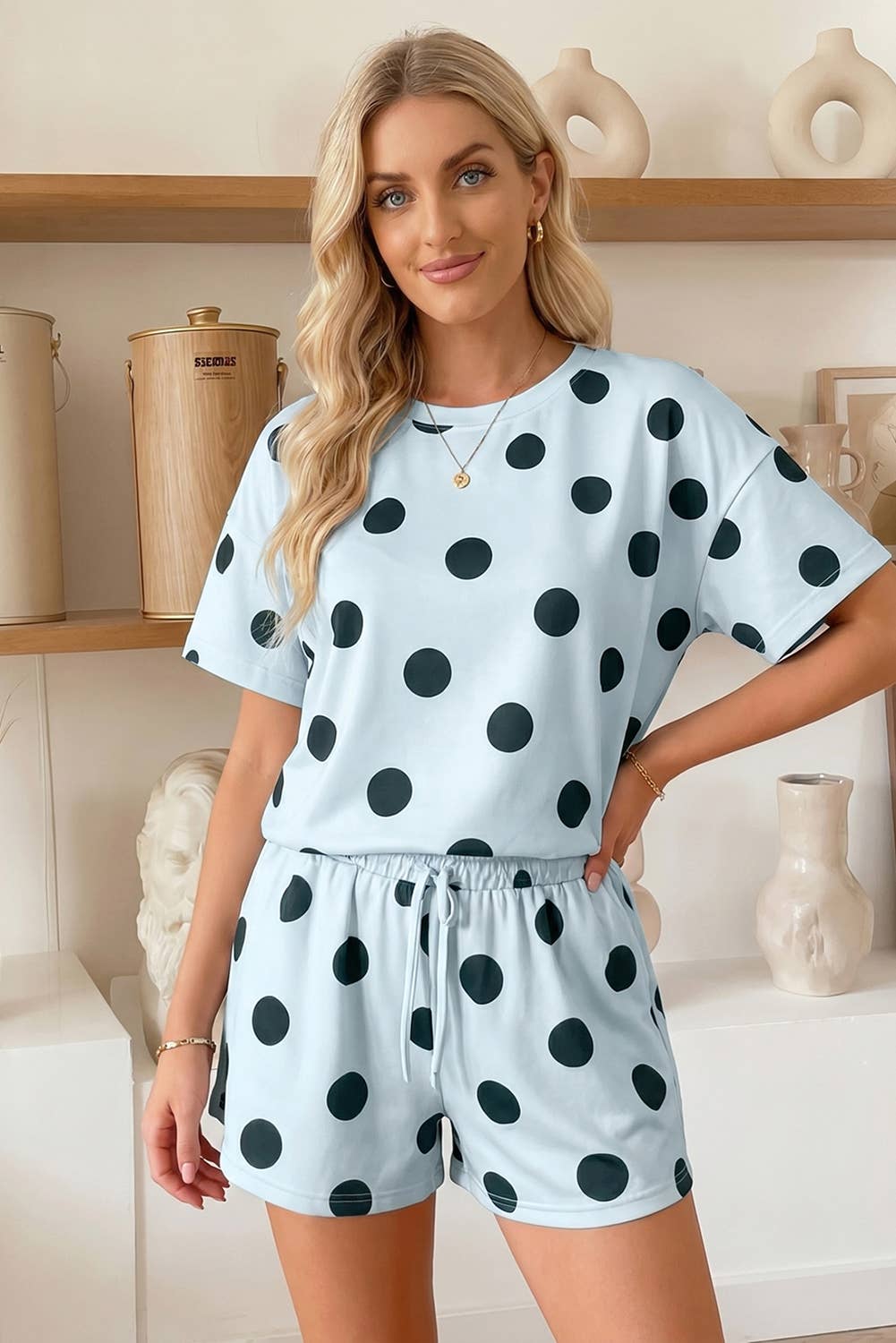 Polka Dot Print Tee and Drawstring Shorts Set (S-XL)