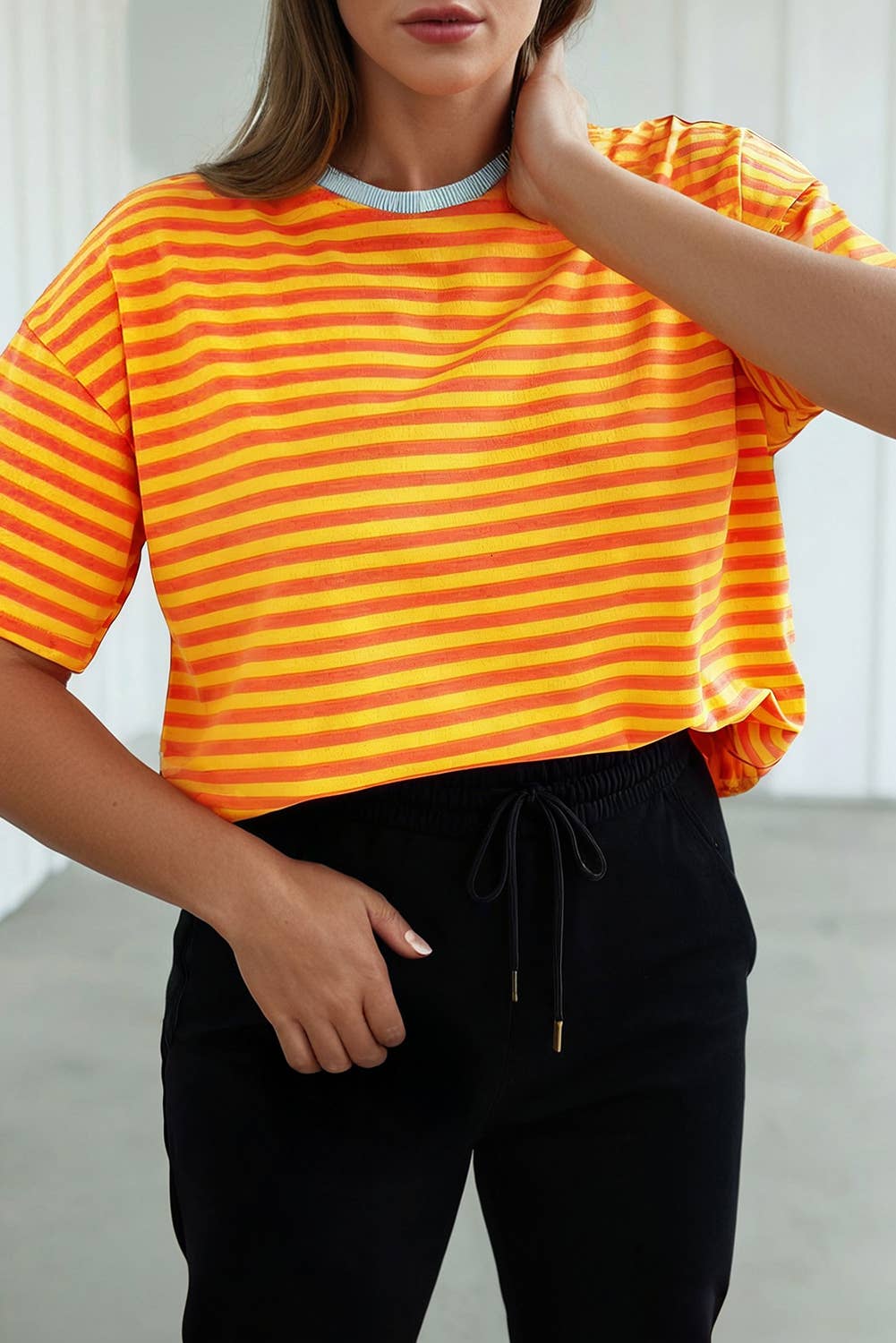 LAS Stripe Looks Contrast Drop Shoulder Loose Tee (S-4X)