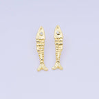 24K Gold Filled 35mm Clear CZ Hammered Fish Stud Earrings | AI549