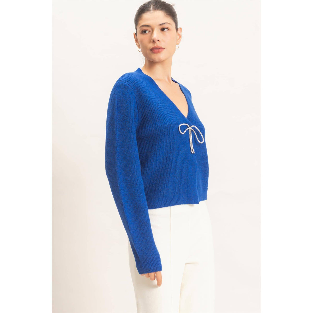 Rhinestone Bow Tie-Front Sweater