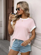 Contrast Trim Ribbed Short Sleeve Knit Top for Women