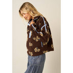 FLOWER PRINT HALF ZIP CONTRAST FLEECE SWEATSHIRT