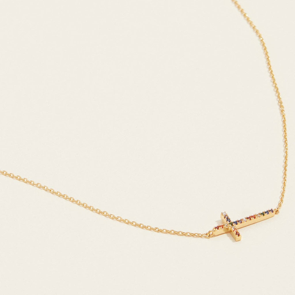 18K Gold Dipped CZ Sideways Cross Necklace