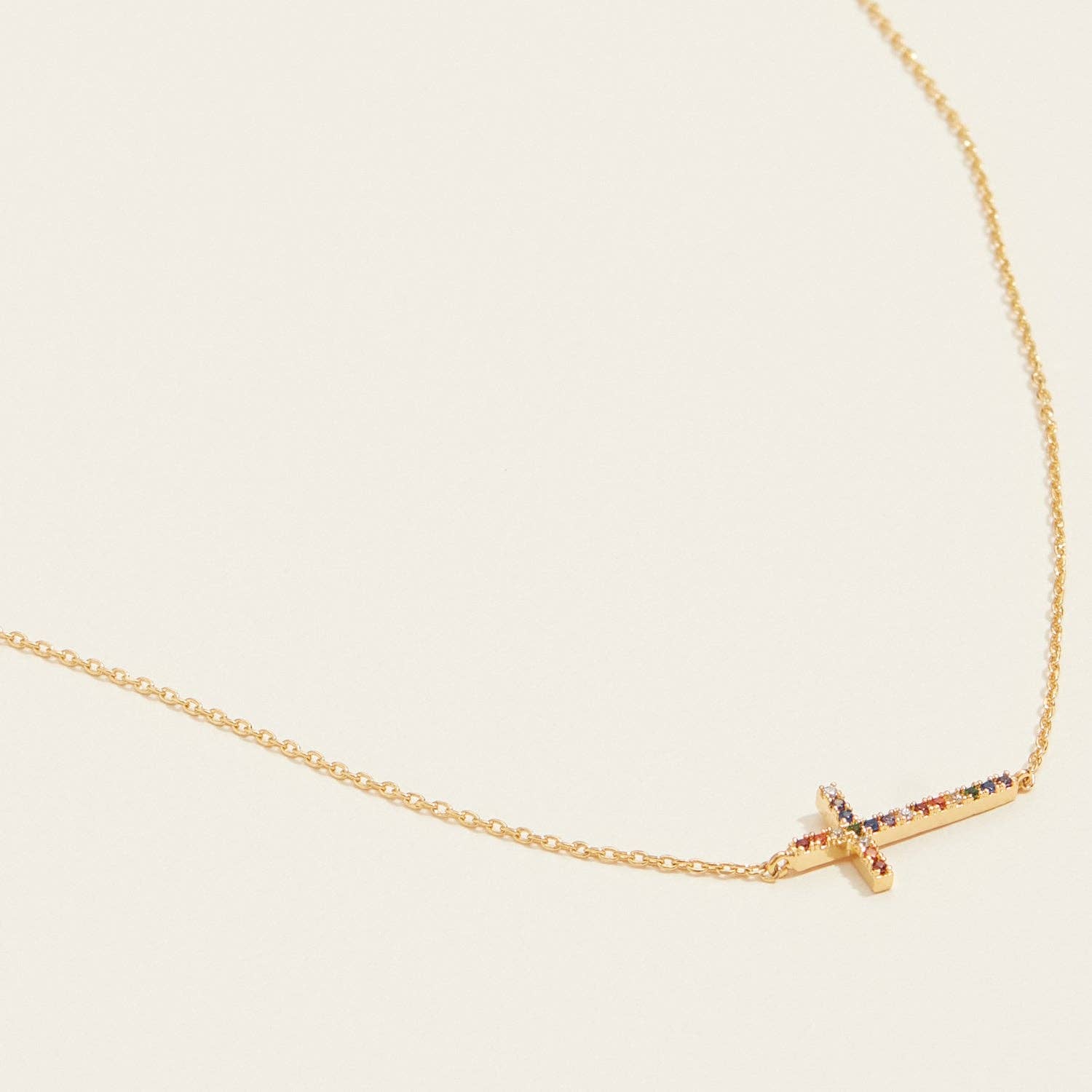 18K Gold Dipped CZ Sideways Cross Necklace